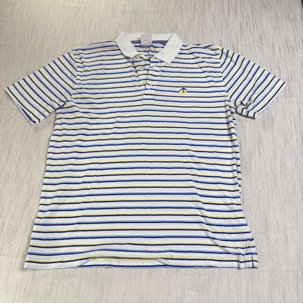 Brooks Brothers Mens Medium Polo Shirt Blue Yellow Striped Short Sleeve Cotton